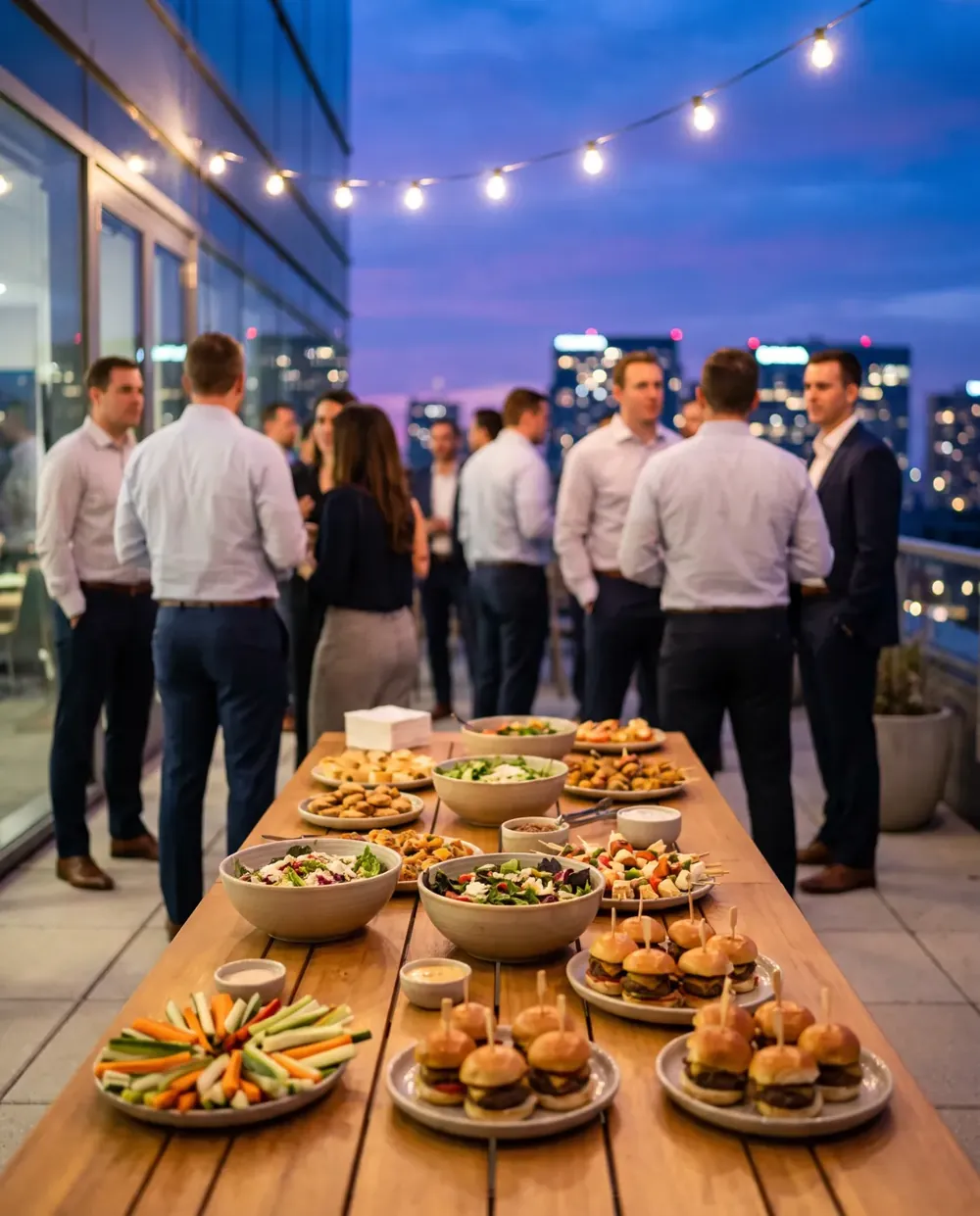 Abendlicher Firmenempfang auf einer Dachterrasse mit Fingerfood