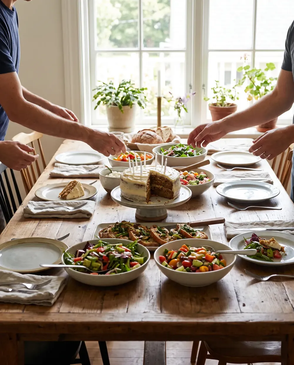 Familienfeier zu Hause mit Kuchen und Salaten