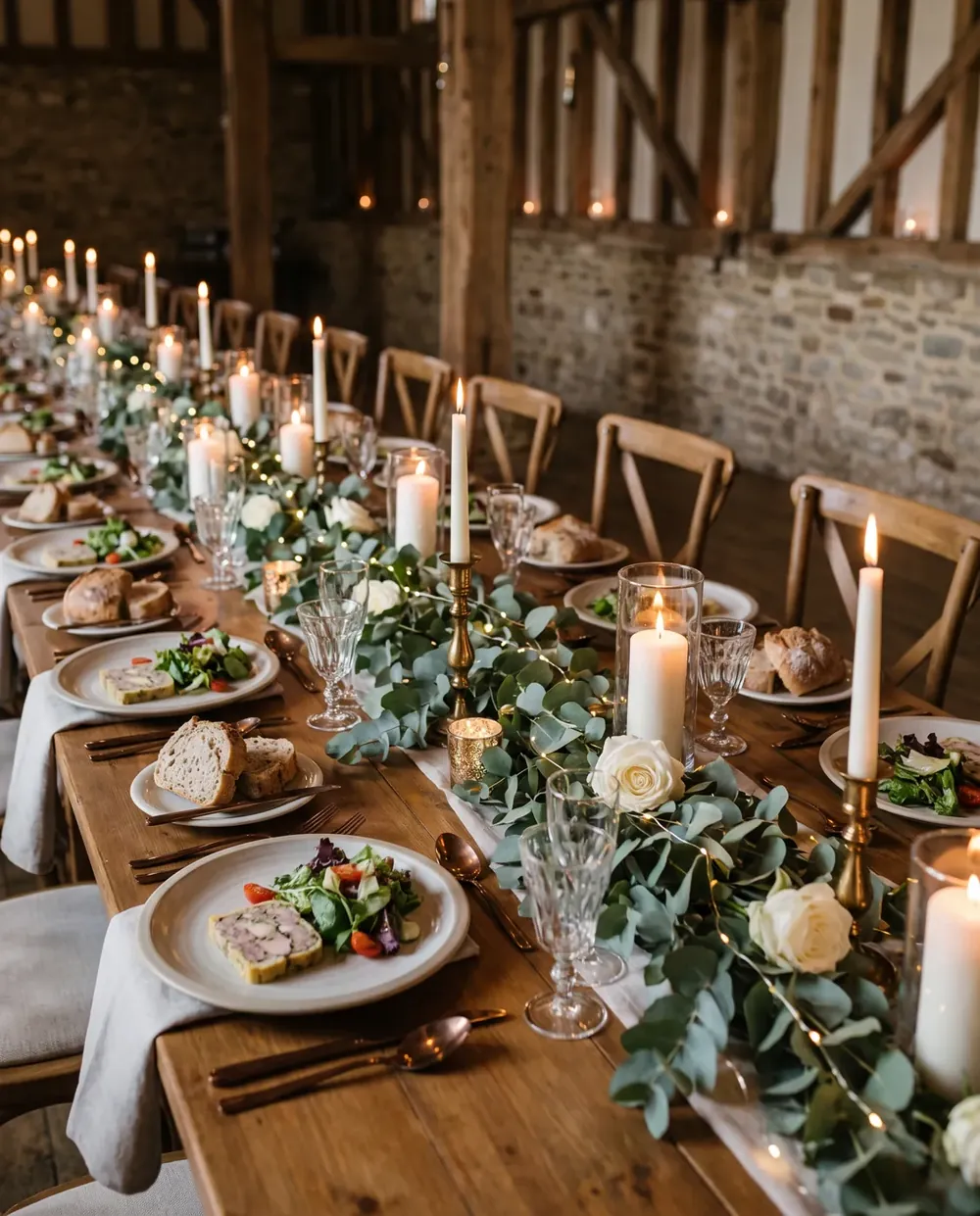 Hochzeitstafel in einer Scheune mit Kerzen und Eukalyptus