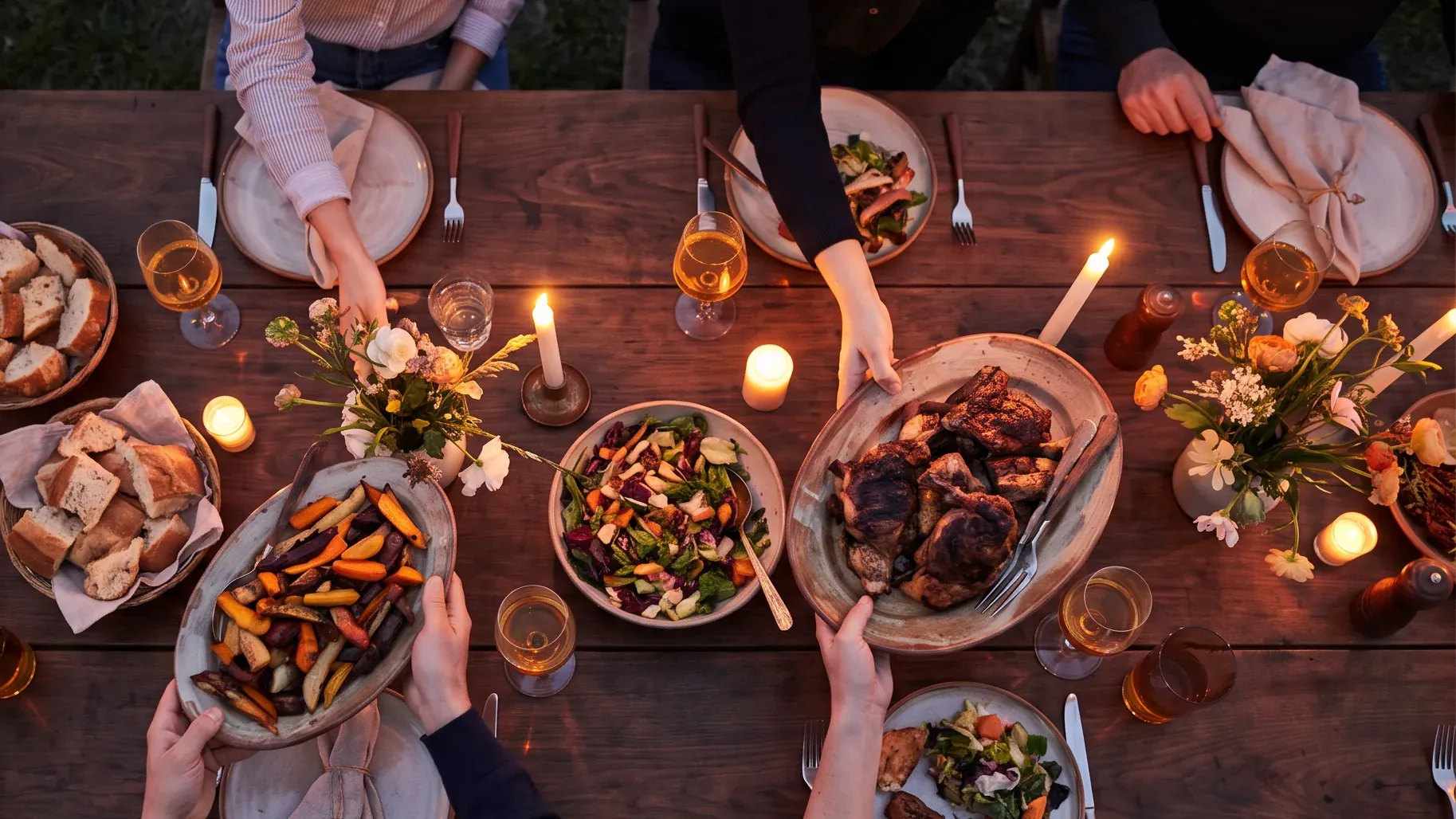 Lange Abendtafel von oben mit Kerzen, Schüsseln voller Gemüse und Fleisch, Hände reichen Teller weiter