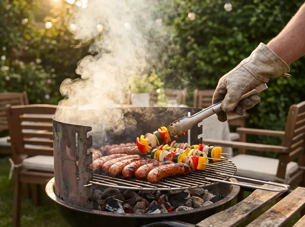 Grill mit Würstchen und Gemüsespießen im Abendlicht
